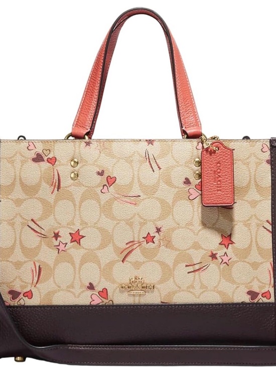Coach Handbags - Coach Beige Signature Tote with Coral Accents and Brown Trim